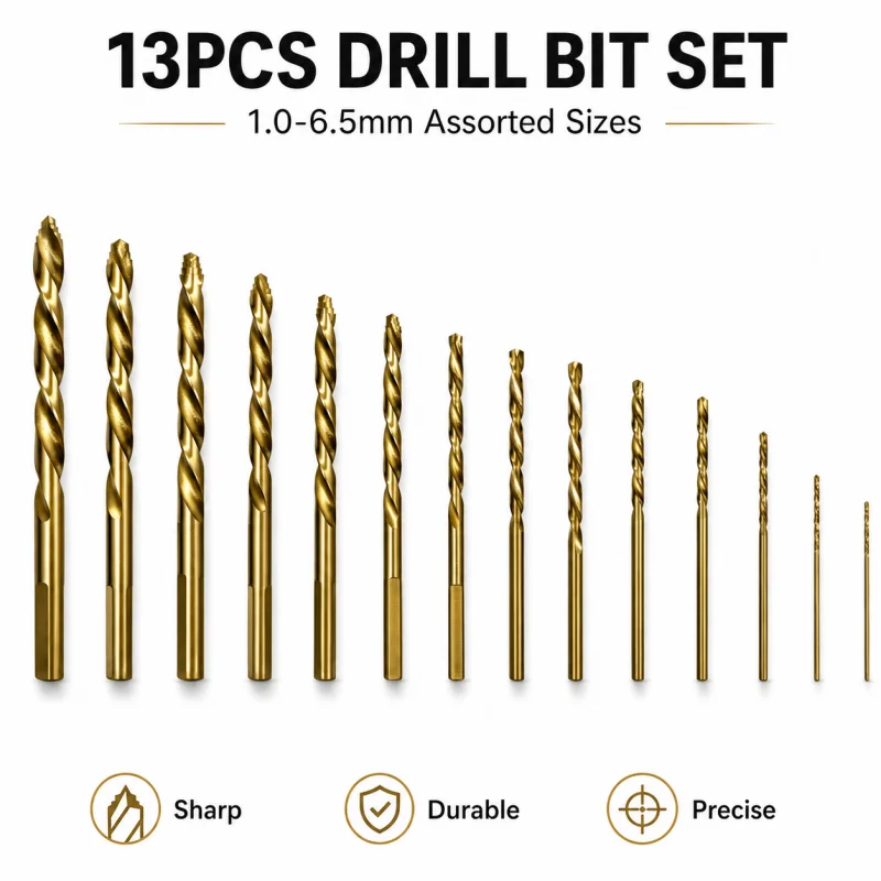 13Pcs HSS Titanium Twist Drill Bits 1‑6.5mm Straight Shank Sharp Tip Drill Bit Kit with Clear Box for DIY Home Repair Drilling