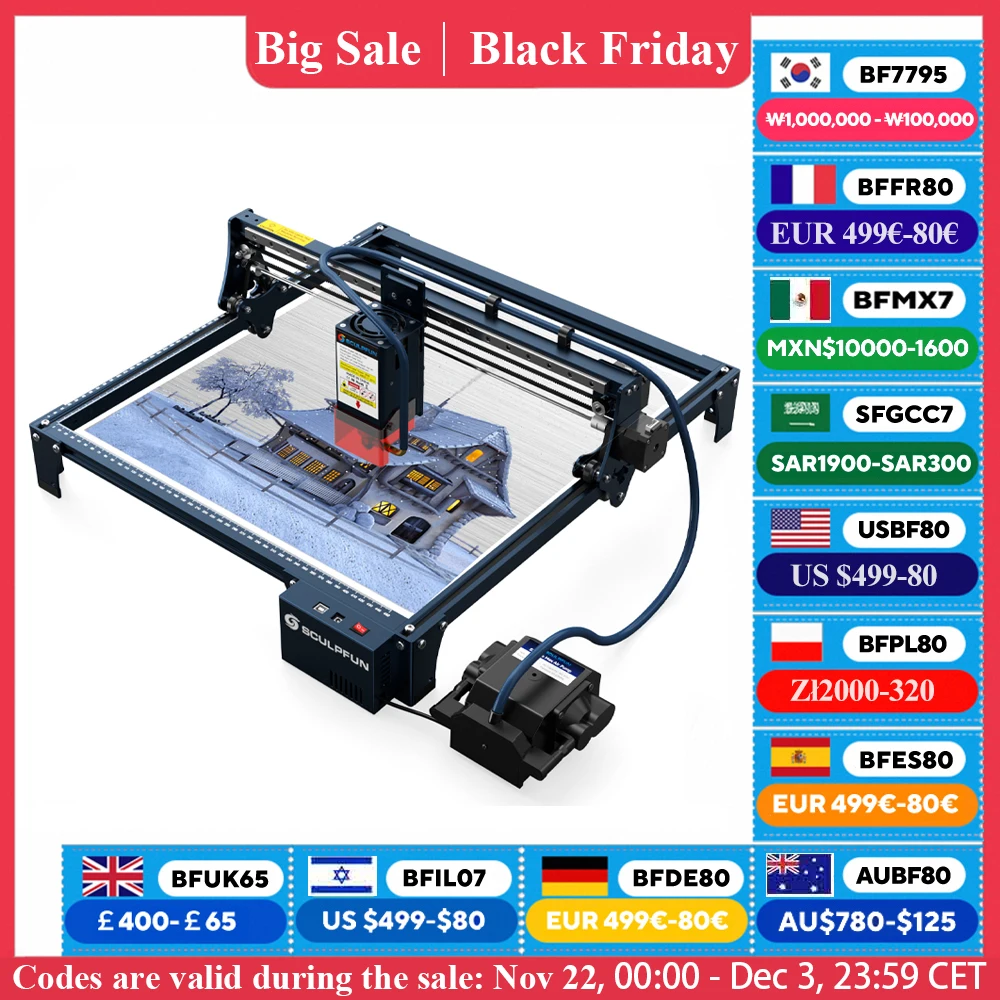 SCULPFUN S30 PRO MAX Laser Engraving Machine Automatic Air-assist System 20W Laser Cutter and Engraver Machine 410x400mm Area