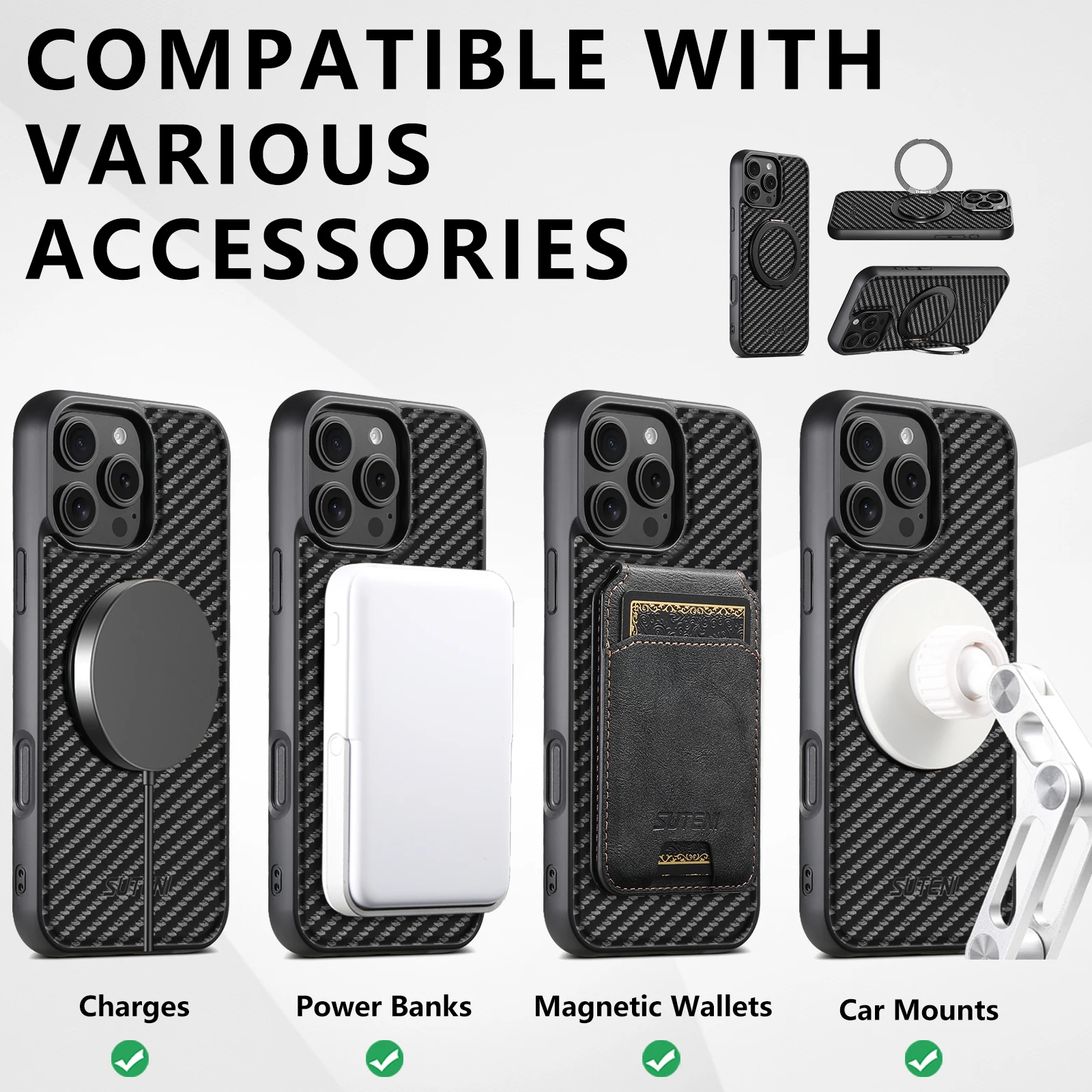 SUTENI Magnet Kabellose Ladehülle für Mobiltelefone 360 ° Drehbarer Ständer mit Kunstleder-Ringschnalle für iPhone 18 Pro Max 17 16 Plus – Detail 7