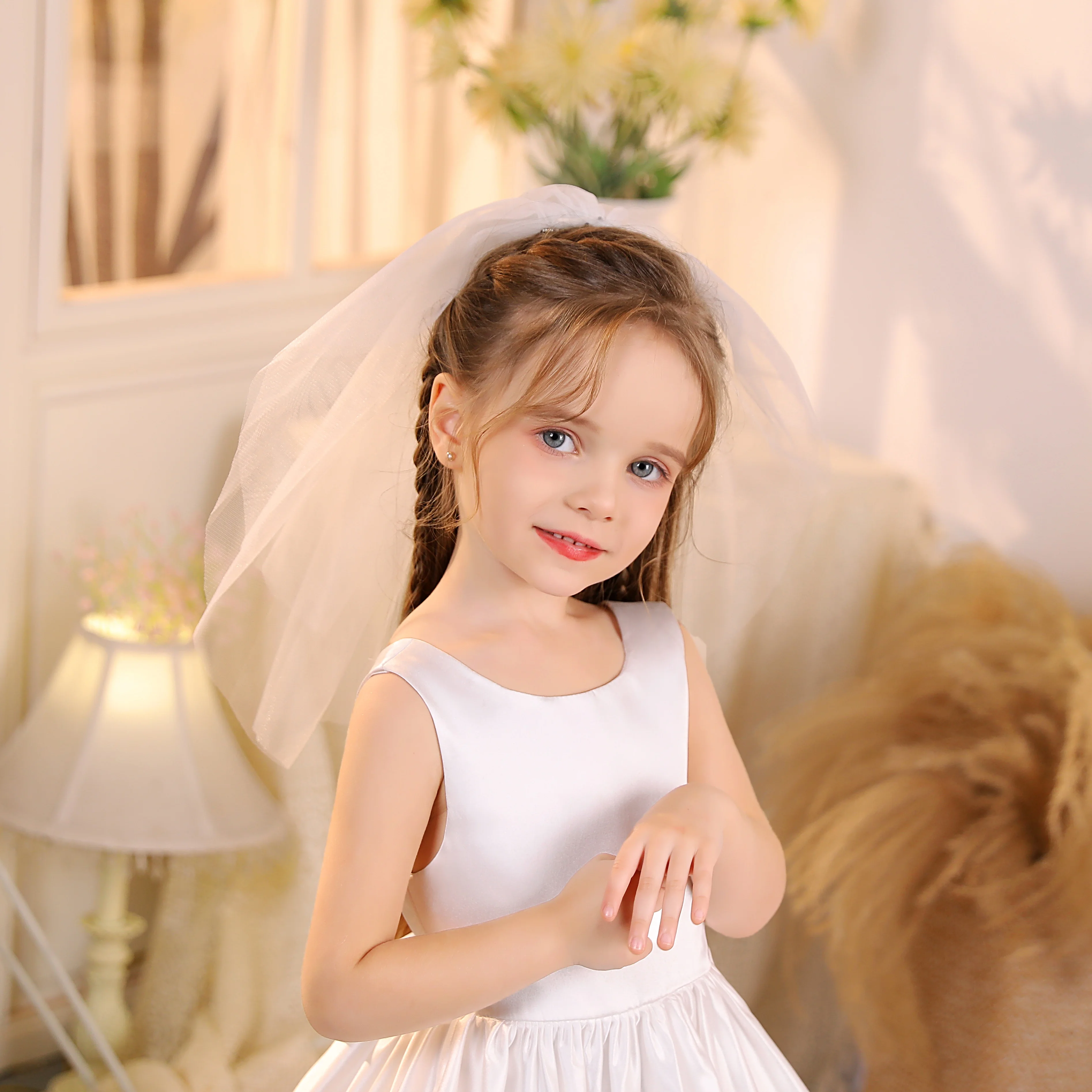 Gidion Cut Edge Two Tier Tulle Wedding Veil With Comb For Kids Wedding Ceremony Photography Flower Girl Or Junior Bridesmaid