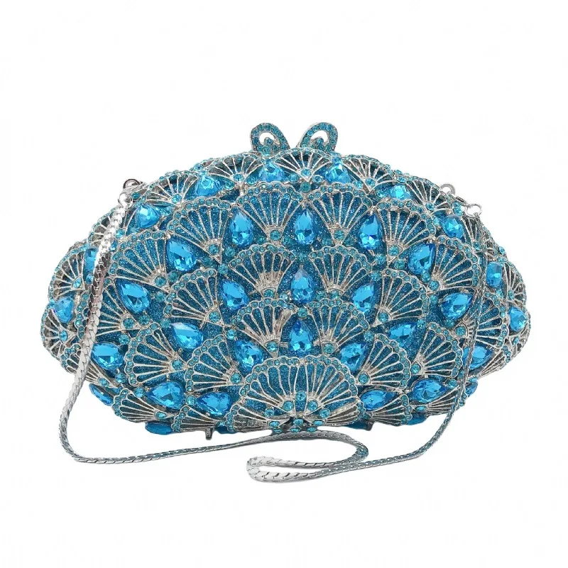 

Crystal bezel-encrusted diamond dinner bag with hollow phoenix tail flower fan-shaped diamond clutch bag banquet women's bag