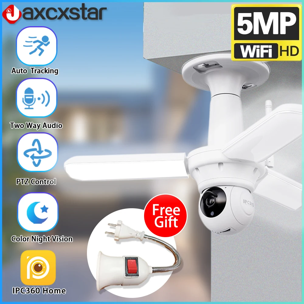 

Smart 5MP WIFI PTZ IP Camera E27 Bulb Floodlight HD Video Wireless Auto Tracking security protection indoor Home CCTV Free plug