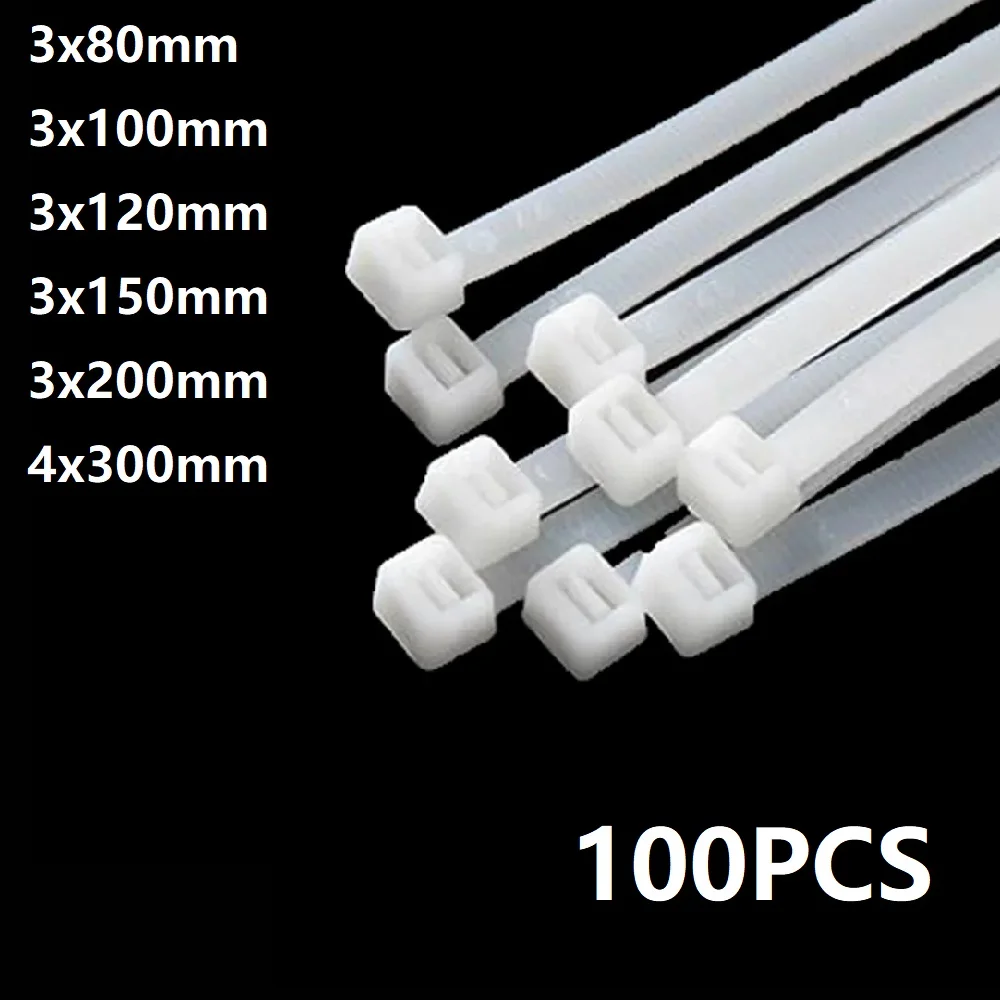 100Pcs White Self locking Nylon Industrial Cable Tie1.99mmx80/100/120/150/200 2.7mmx300 Fasten Cable Organiser Wire Cable ZipTie