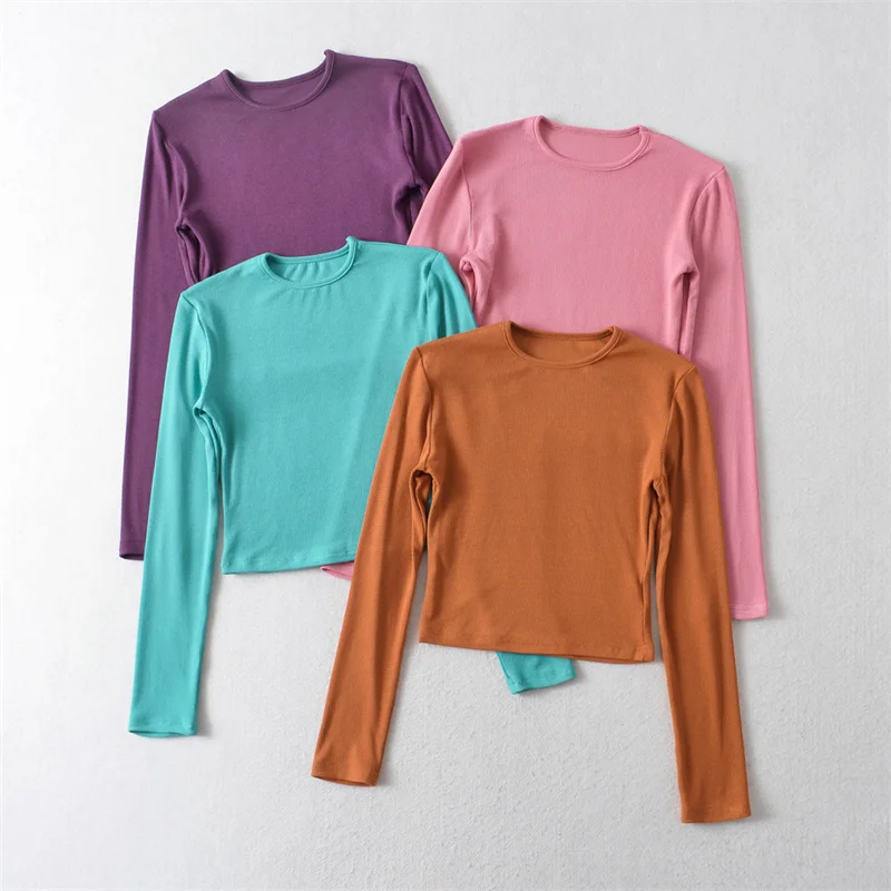 الأمريكية Sle مضلع سليم صالح طويل Sve تي شيرت المرأة عالية الخصر الخريف الشتاء مثير البطن زر التعرض ort طول L... #5