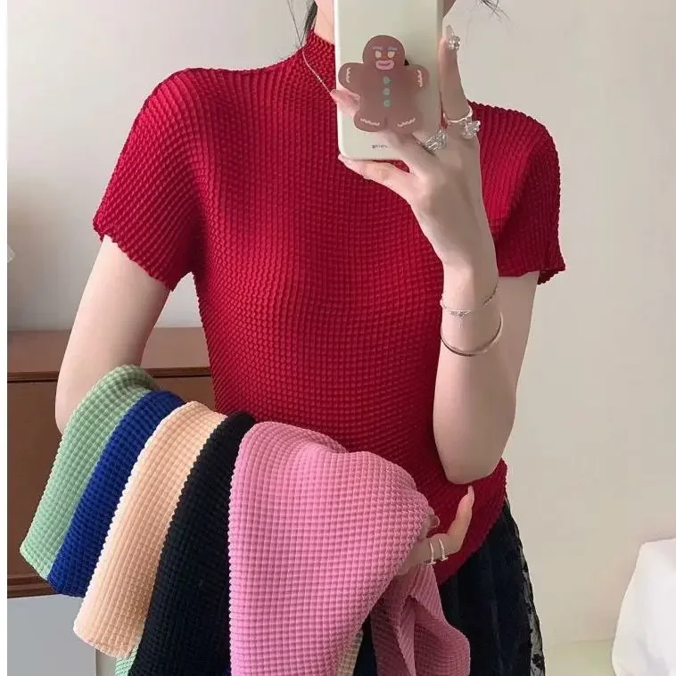 

KUSAHIKI Women's Summer 2025 New Style Slim Fit Elastic Short Sleeved T-shirt Fashion Korean Pleated Top