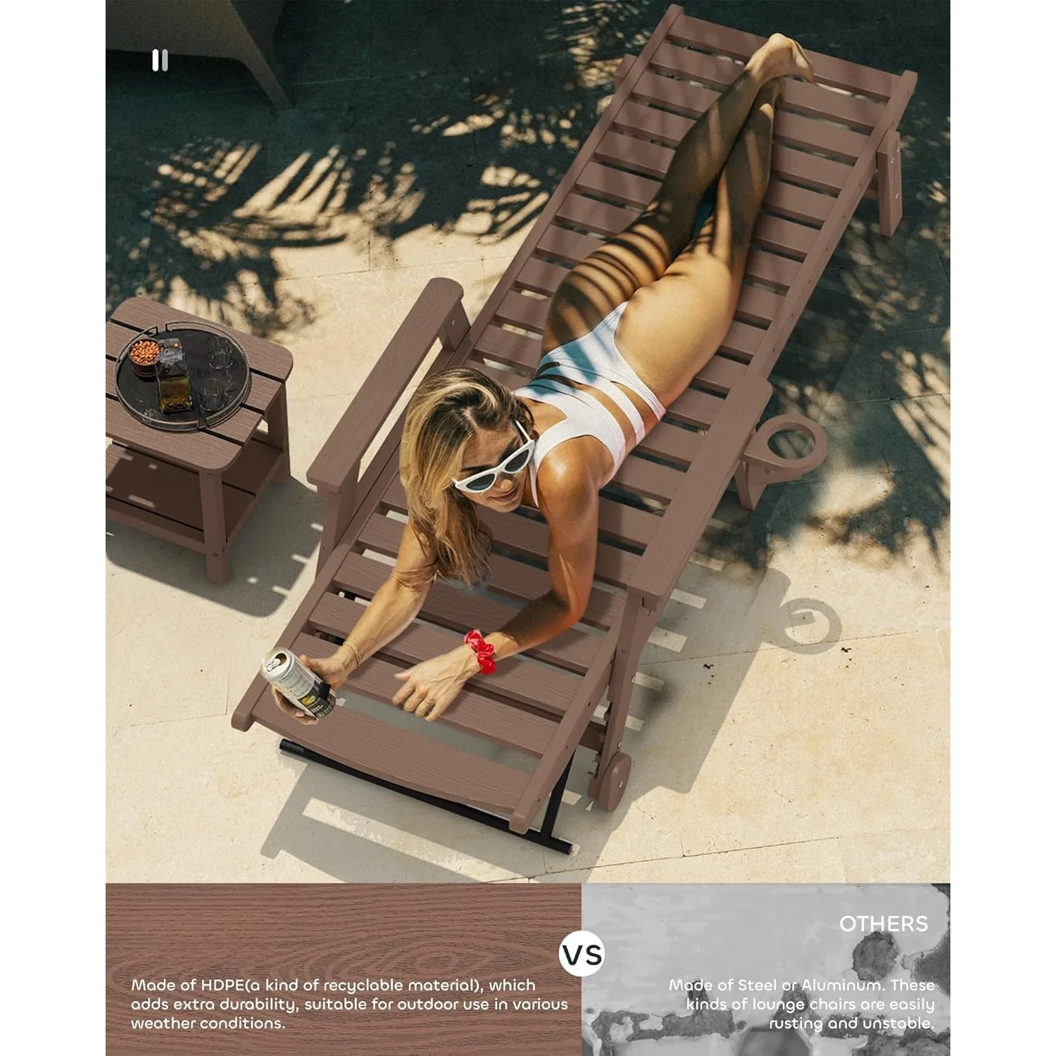 مجموعتان من كراسي صالة حمام السباحة الخارجية HDPE بطول 78 بوصة، 5 أوضاع قابلة للتعديل، مع عجلات وحاملات أكواب، لون القهوة