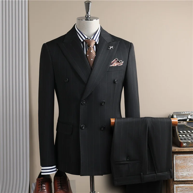 

KIDWHXR Man Suit Outfit Double-breasted Blazer Men Turn Down Collar Vest Straight-leg Pant Male Striped Slim Three-piece Set