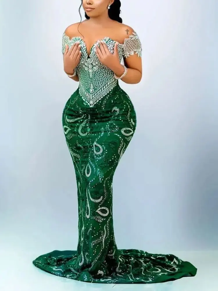 Aso Ebi Green Mermaid Prom Dress Beaded Crystals Sequined Evening Formal Party Second Reception Birthday Engagement Gowns Dresse