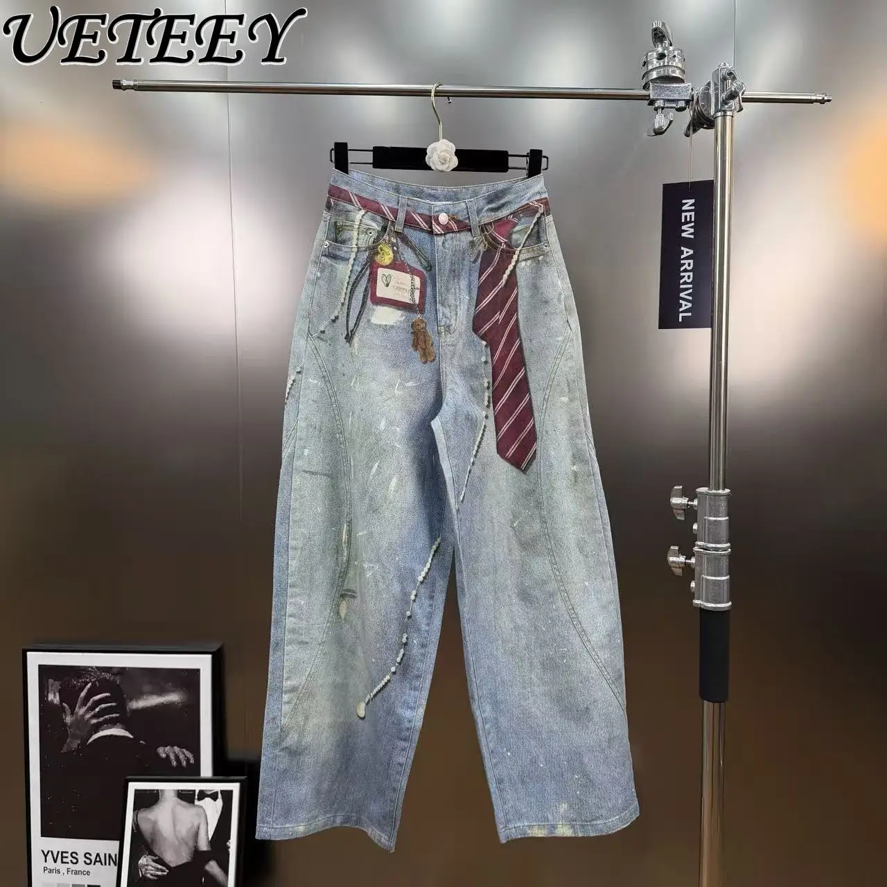 2026 ربيع متعدد الاستخدامات موضة ريترو طباعة عالية الخصر جينز فضفاض نمط الشارع غسلها خمر الحبر سبلاش واسعة الساق الدنيم السراويل #1