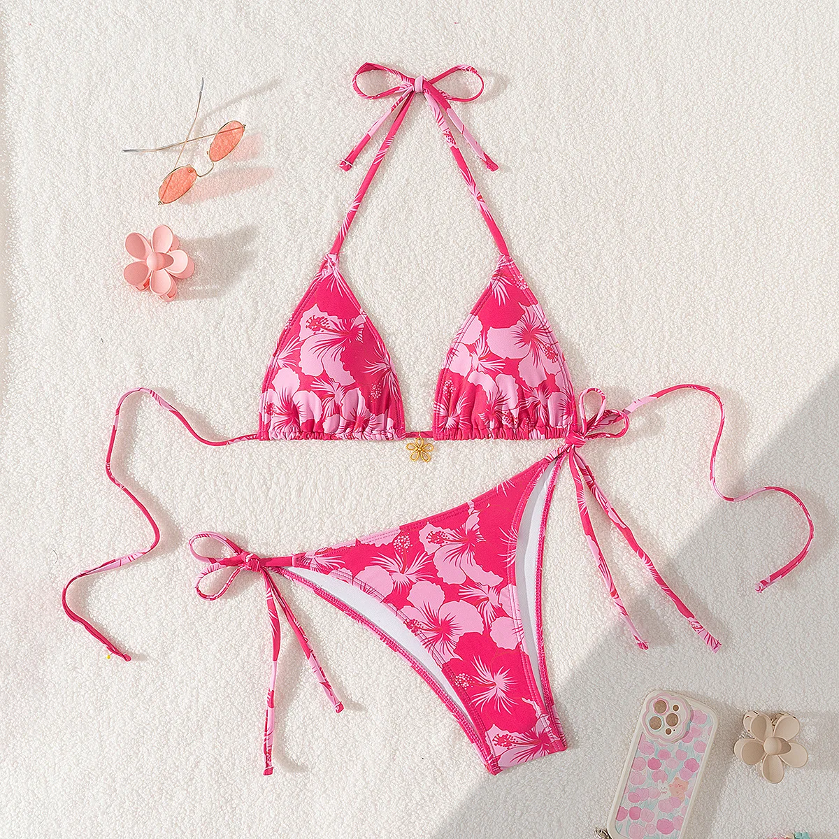 Sexy Bikini-Set mit Metallblumen-Anhänger-Print, Damenmode, ausgehöhlter Push-Up-Badeanzug für Strandurlaub, weibliche Badeanzüge – Detail 3