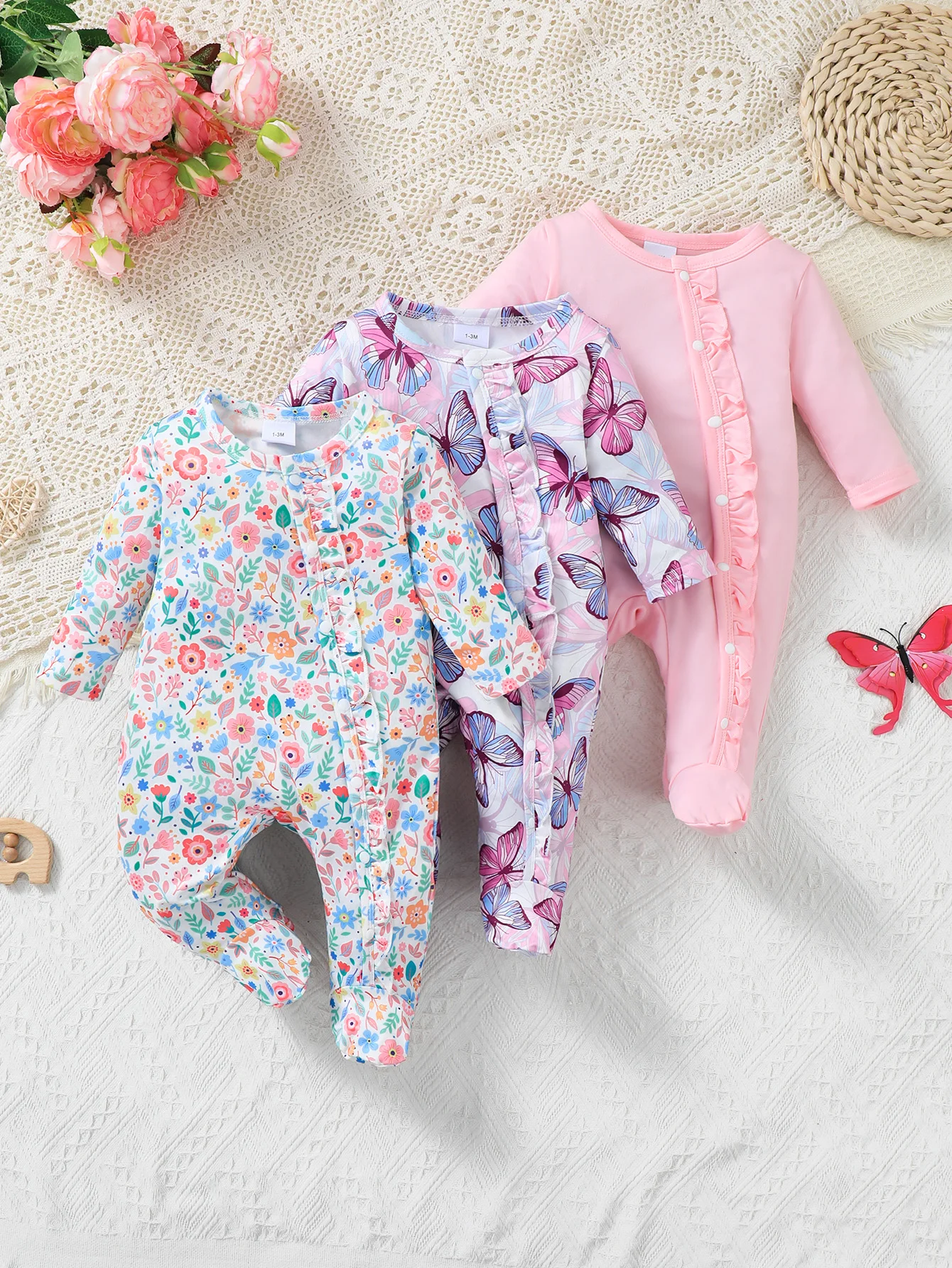3pcs Floral And Butterfly Print Long Sleeve round Neck Bib Overalls for Baby Girls Spring Autumn Comfortable Casual Cute Outfit
