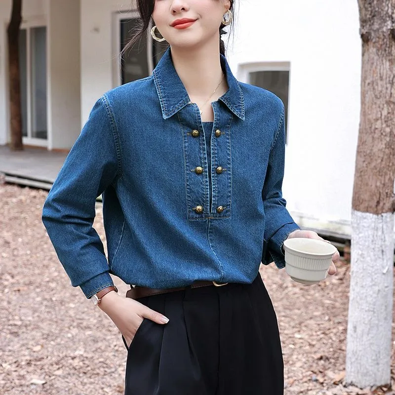 

Retro Denim Shirt for Women 2025 New Autumn Layered Casual Versatile Retro Long-sleeved Versatile Pullover