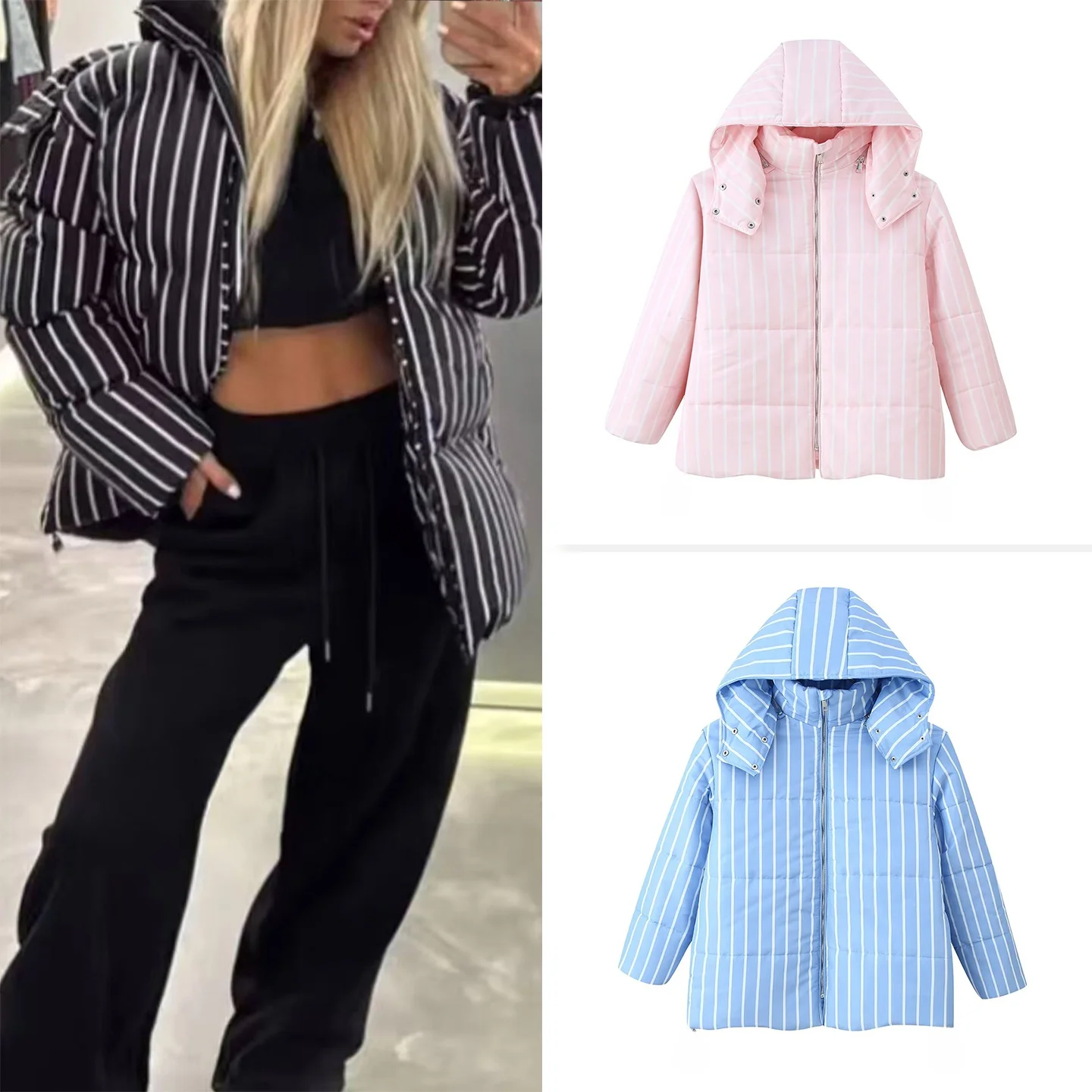 

2025 Autumn New Women's Loose Fit Long Sve Hooded Stand Collar Striped Jaet Five Colors Commute Simple Sle Cotton Coat