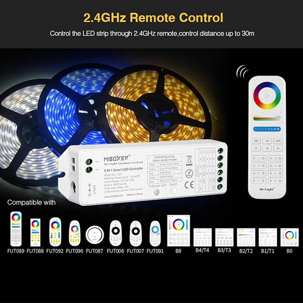 MiBoxer LS2 DC12V-48V 2.4GHz RF 5in1 Smart LED Brightness adjustable Controller for Single Color/ CCT/RGB/RGBW/RGB+CCT LED Strip