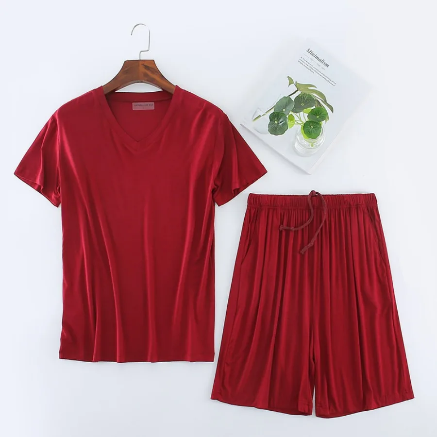 2025 Men's Summer Casual Sleepwear Sets Solid HomeWear Suits 2pcs Modal T-shirt and Shorts Oversized Summer Pajamas Male L-8XL
