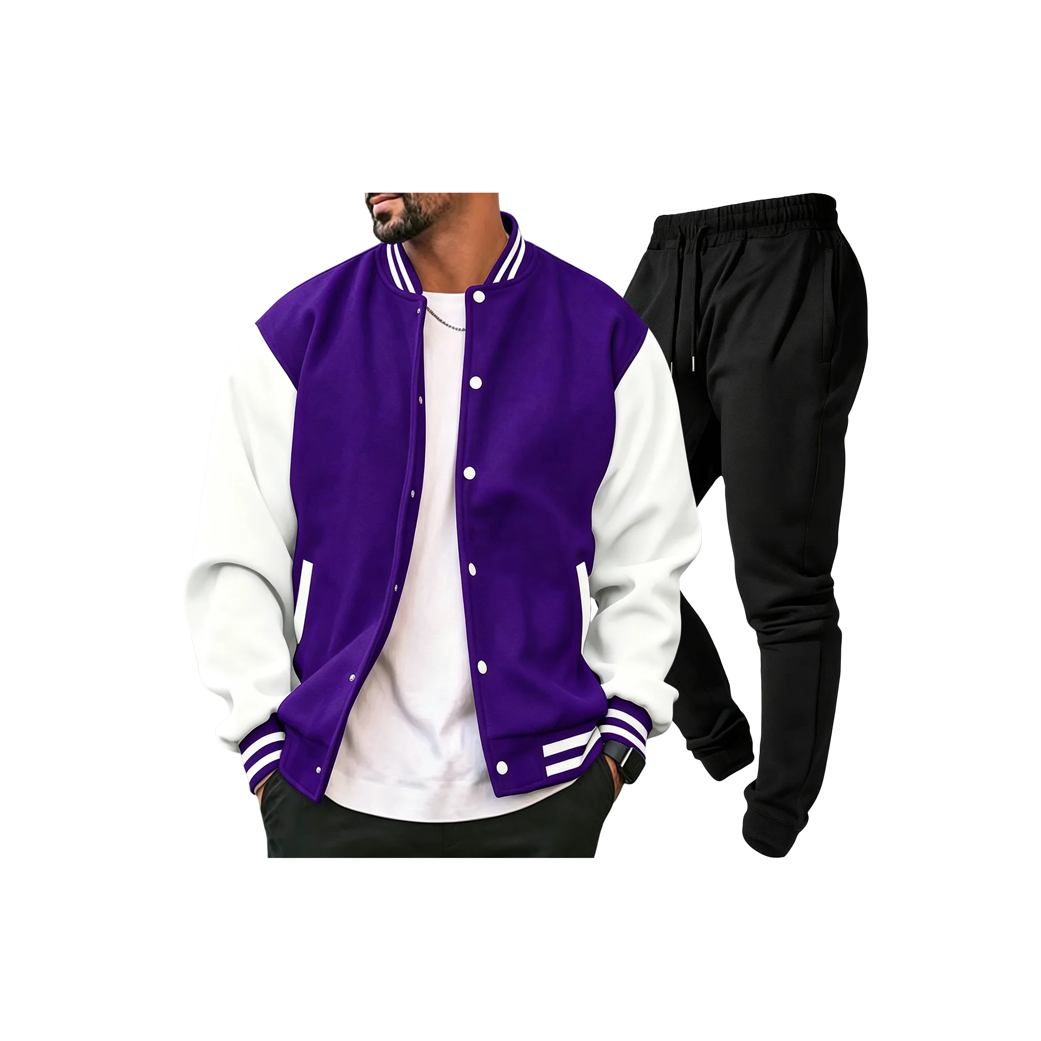 Men's autumn and winter sports suit in multiple colors solid color set sports jacket jogging pants set button up baseball suit