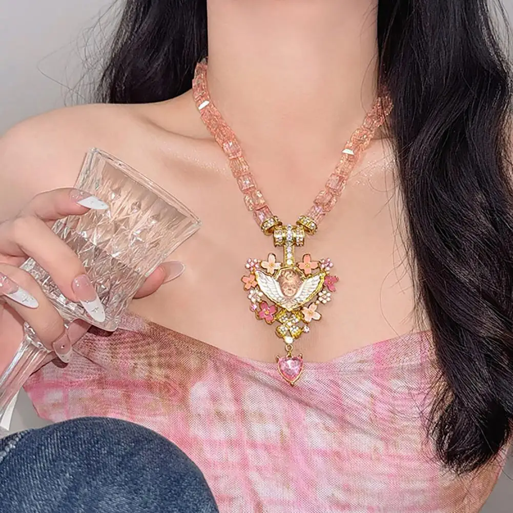 Vintage Angel Pendant Necklace, Sparkling Chunky Beaded Necklace, Pink Faux Diamond Heart Necklace, Retro Jewelry for Women
