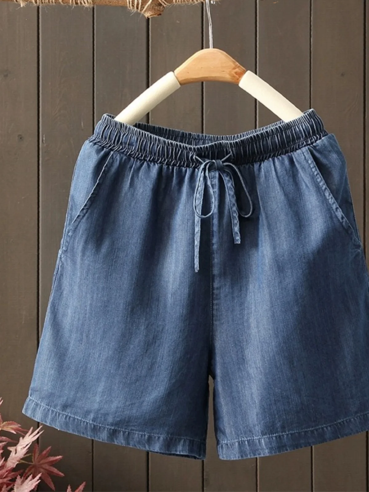 Celana Denim Tipis Musim Panas Pinggang Elastis Wanita dengan Sabuk Jeans Lima Titik Biru Kaki Lebar Kasual Longgar Pinggang Tinggi Ors
