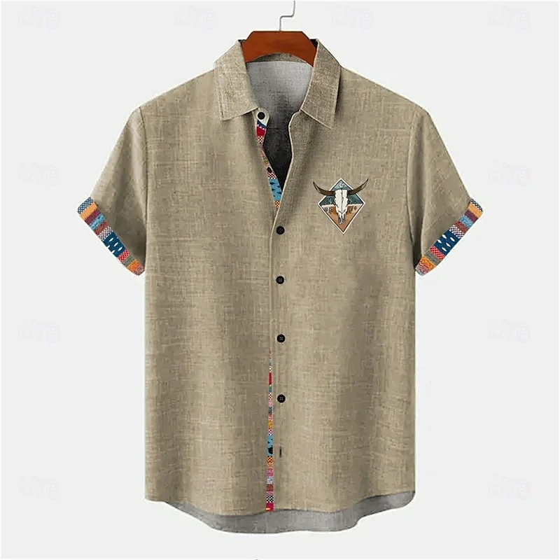 New men's short sleeved shirt with linen pattern, fashionable 3D coconut tree print, artistic high-quality shirt