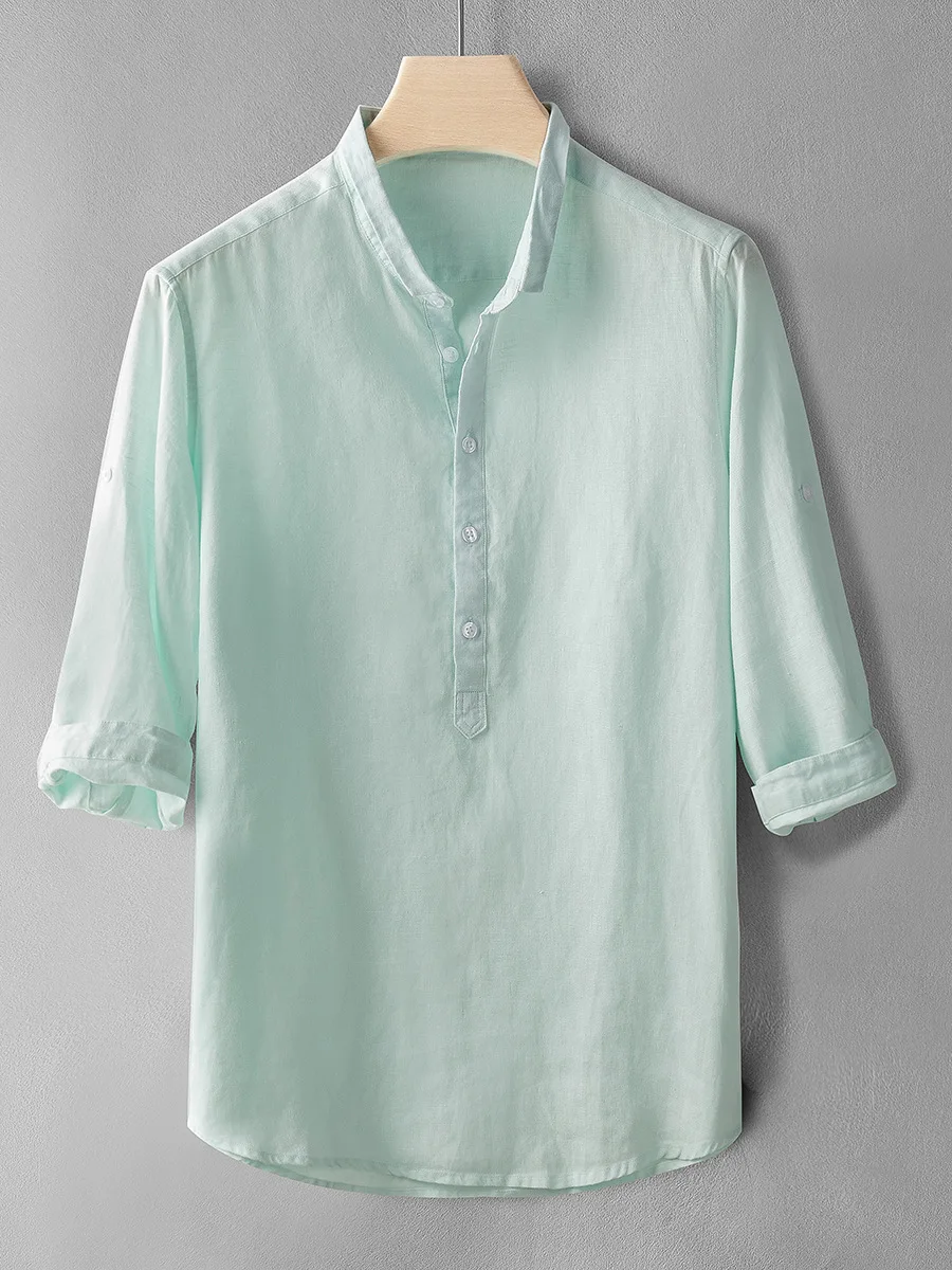 Men's Korean style trendy linen three-quarter sleeve shirt short-sleeved shirt cotton and linen shirt loose large size top