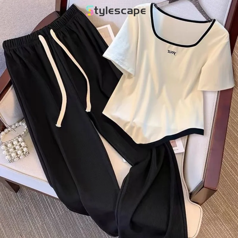 

Large Size Summer Outfit 2024 New Irregular Square Neck Short Sleeved T-shirt Wide Leg Pants Slimming Two-piece Set for Women