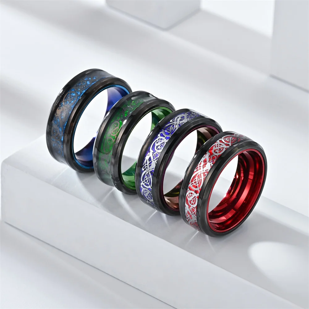 

Purple 8mm Men's Stainless Steel Celtic Dragon Ring with Blue Carbon Fiber Inlay Wedding Band Jewelry Gift