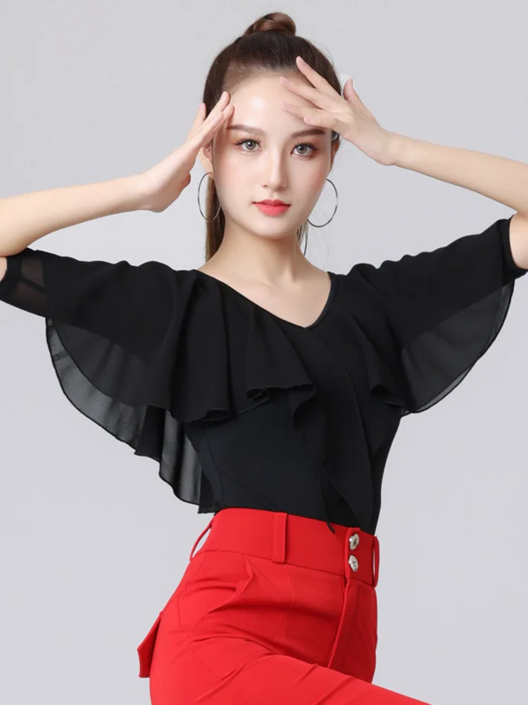 Mesh Latin Dance Practice Clothes Ballroom Competition Tops Solid Color Costume Sports Classical Ruffle Waltz 2024 New T-shirt