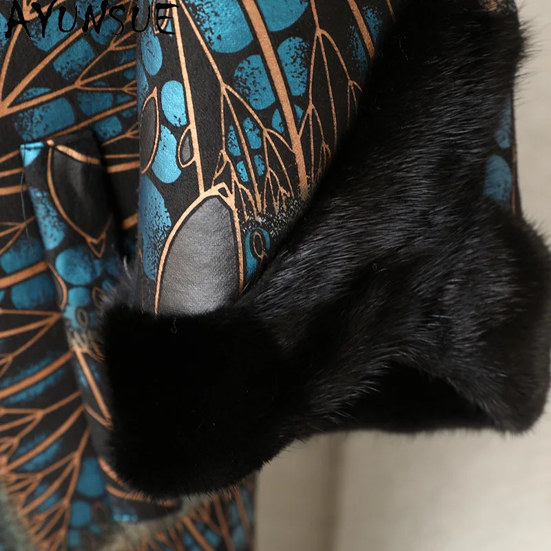 AYUNSUE 100% Wool Fur Coat Women Clothes 2025 Winter Jacket Warm Mink Fur Collar Mid-length Sheep Shearling Coats Woman Printed