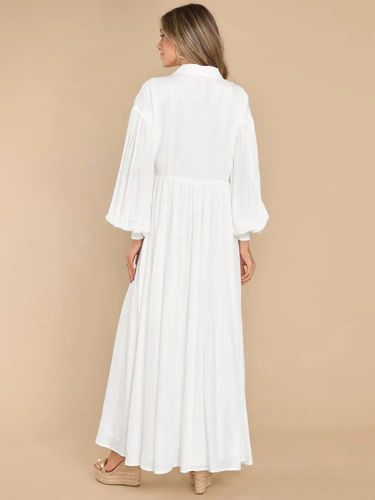 Polyester Plus Size Monochromatic White Linen Dress with Button Elegant Vintage Loose Casual Long Dresses on Offer Liquidation