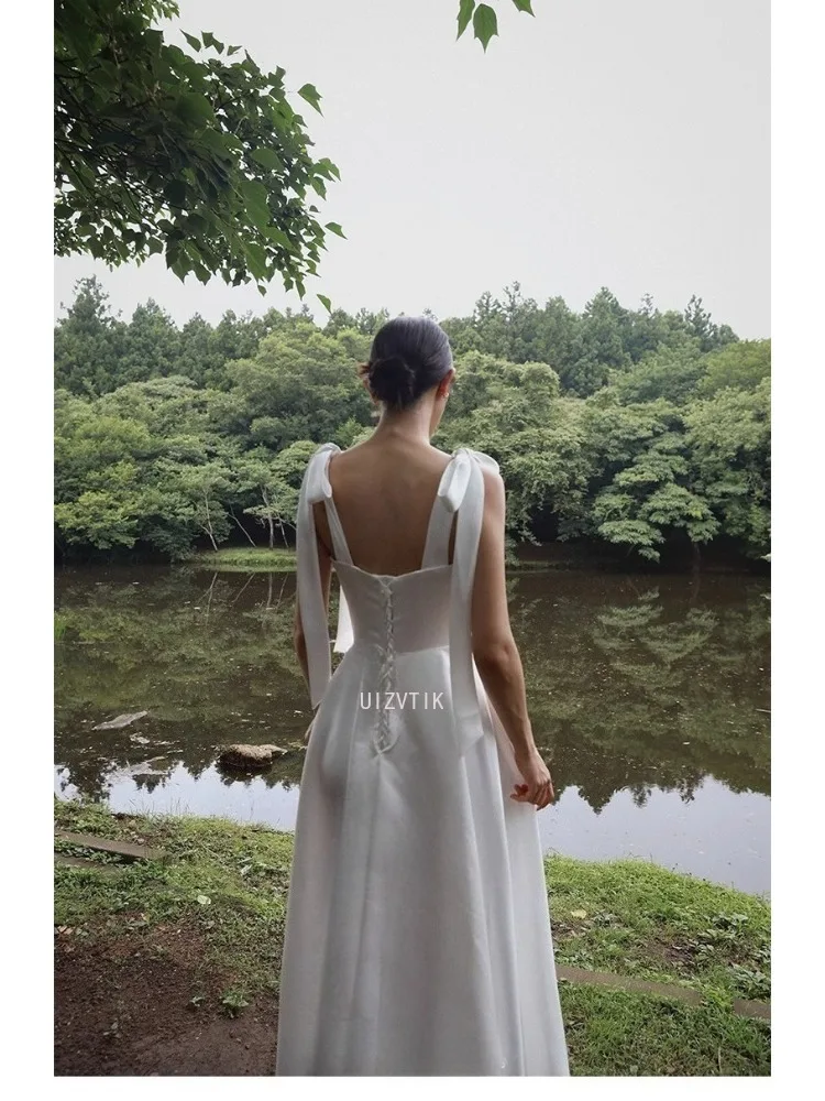 Vestidos de novia elegantes de satén blanco para mujer, sesión de fotos de Corea, correas ajustables, largo hasta el tobillo, vestido de novia con corsé en la espalda personalizado