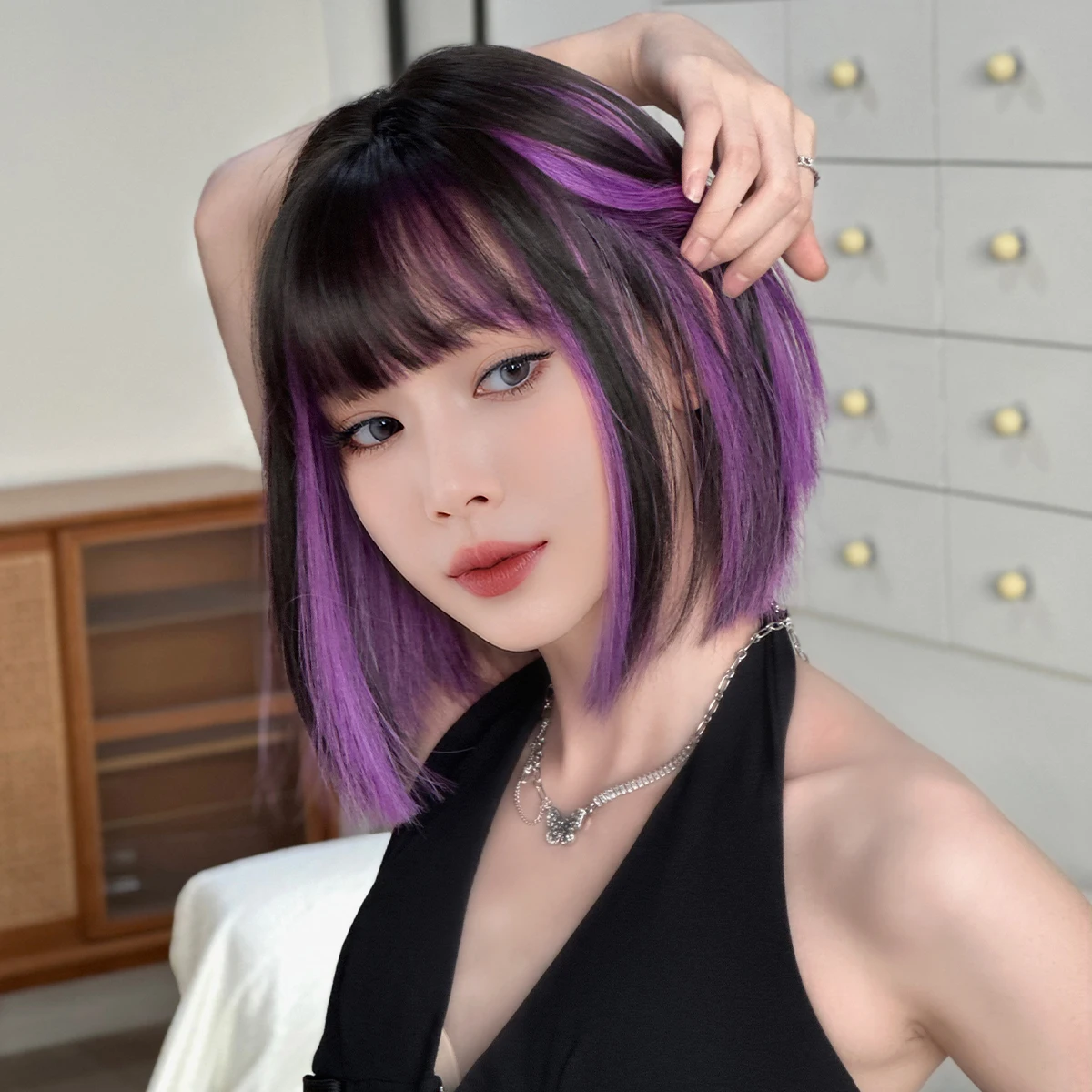 7JHH WIGS Short Straight Black Ombre Purple Wig for Women Synthetic Layered Modest Fashion Wear and Go Wigs with Neat Bangs