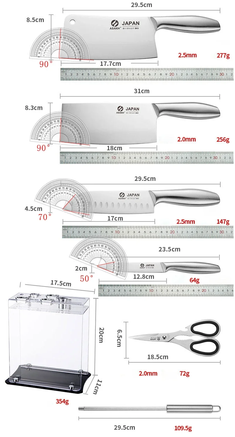 Aço inoxidável oco Handle Chef Knife Set, Cortar carne Cutelo, Cortar faca, Tesoura de cozinha com nitidez Rod, 7 Pcs