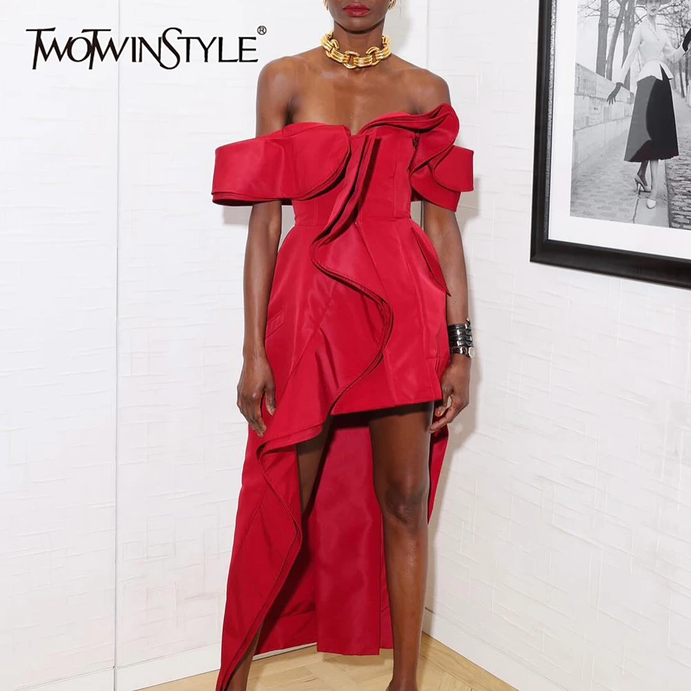 

TWOTWINSTYLE Solid Slimming Spliced Ruffles Folds Temperament Dresses for Women Slash Neck Short Sleeves Irregular Dress Female