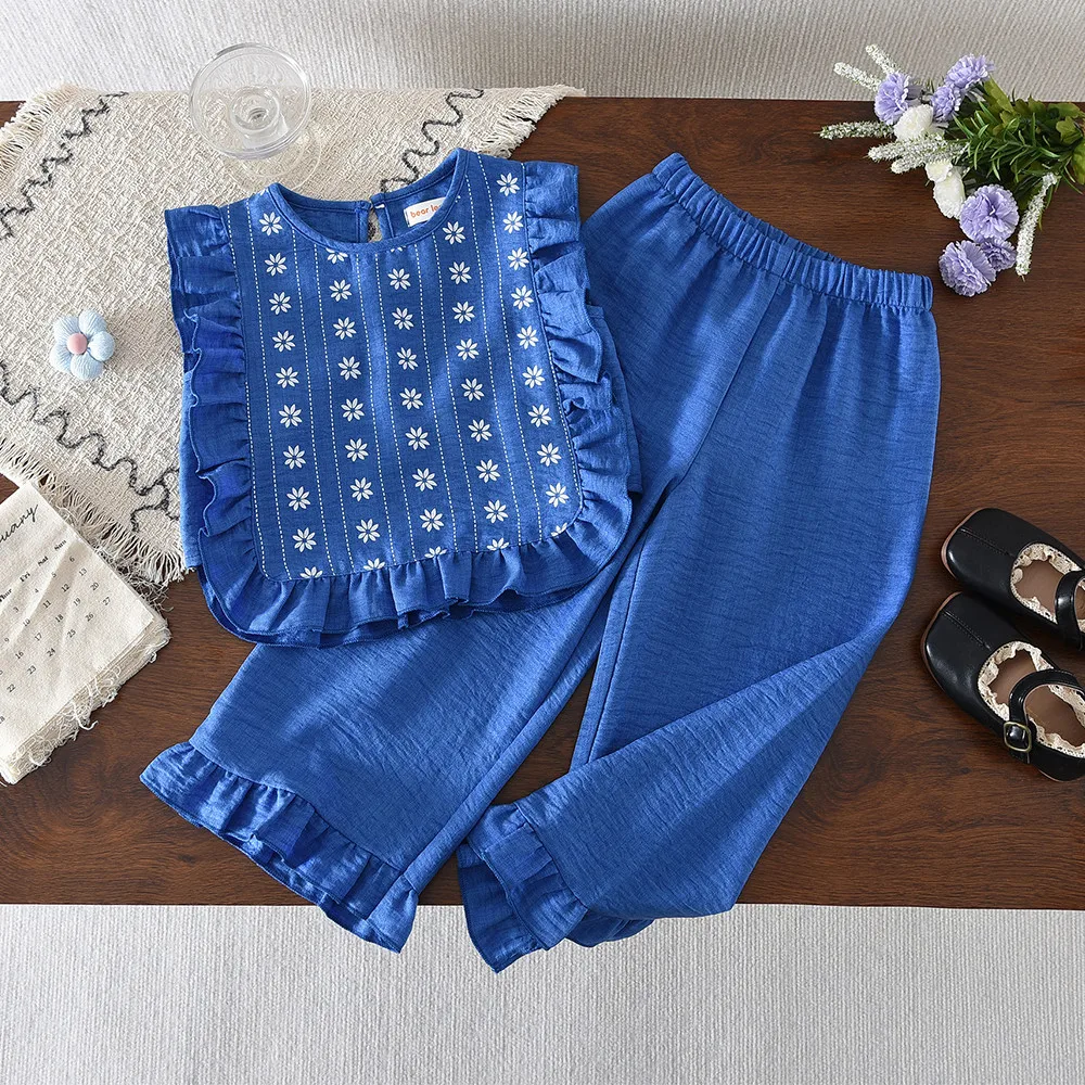 Korean Version Sweet Blue Girls' Clothing Summer Sleeveless Flower Print Splicing Sleeveless Top + Pants Casual Two-piece Set