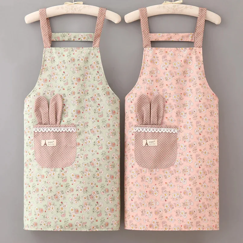 

1Pcs Small Fresh Floral Canvas Apron Summer Breathable Women's Strap Apron Home Kitchen Coffee Overalls With Pockets