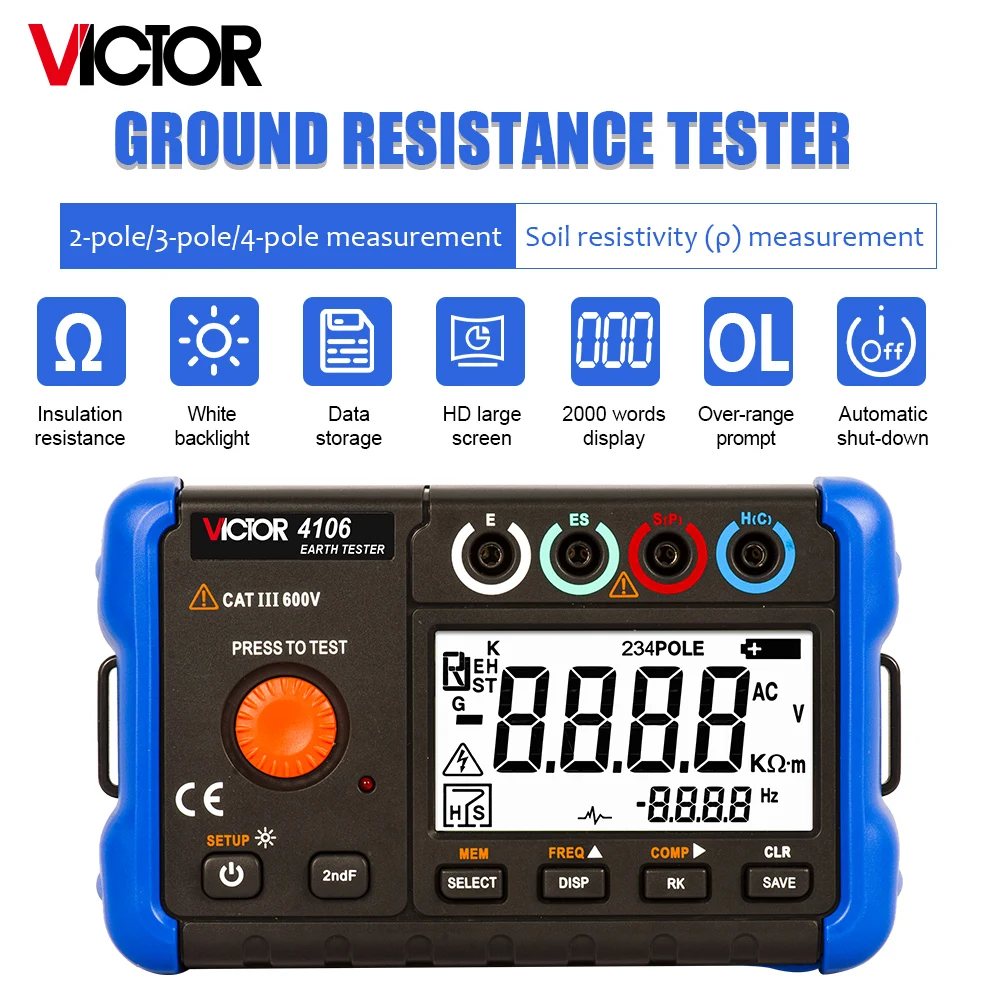 VICTOR 4106 Portable 2 pole 3poles 4 poles method Earth Resistance Tester Soil resistivity Grounding resistance measurement