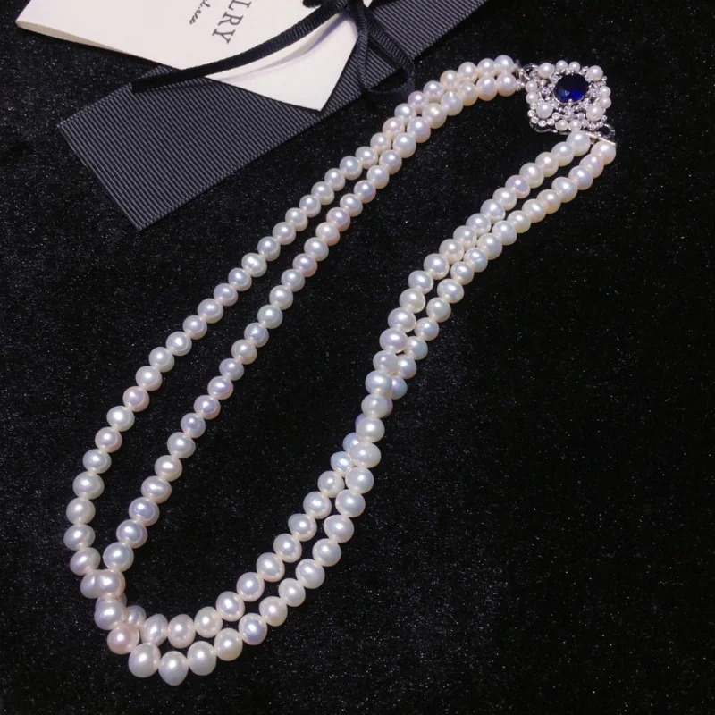 8mm flawless vintage 925sliver pearl Jewelry ture nature freshwater Pearl classic double-deck necklace for Women Girl's jewelry