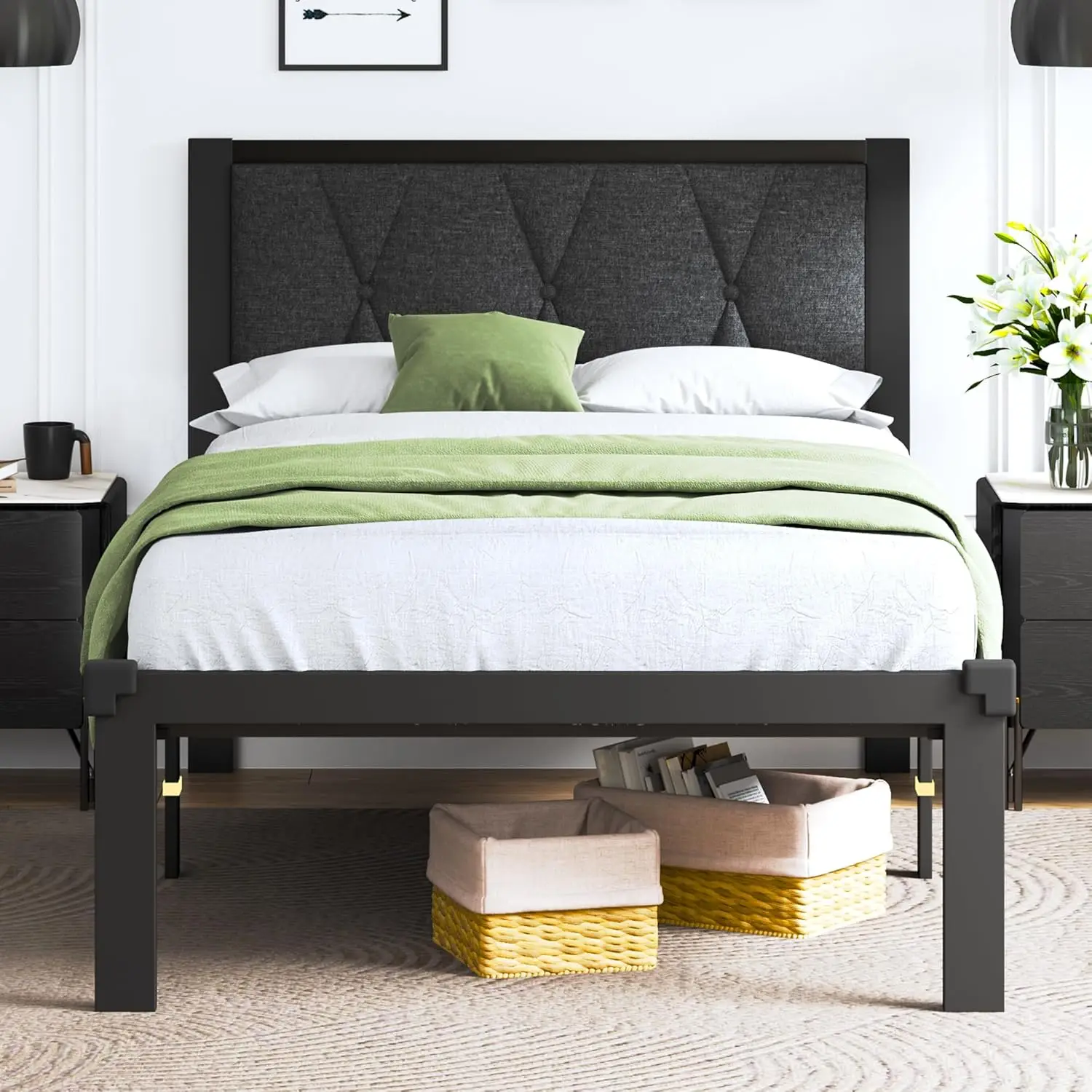 

Twin Size Metal Bed Frame with Fabric Button Tufted Headboard, Platform Bed Frame with Heavy Duty Metal Slats, 12" Storage