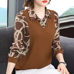 2023 New Autumn Comfortable Foreign Style Pullover Print Button Fake Two Long Sleeve Commuter Middle Aged Mom Casual Shirts