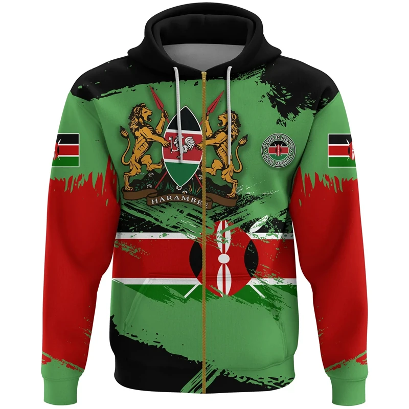 Kenya Flag 3D Printing Zip Up Hoodie For Men Clothing Kenyan National Emblem Pullovers Daily Tracksuit Boys Streetwear Kids Tops