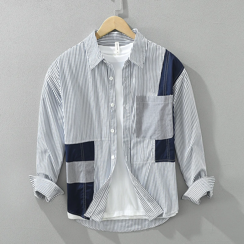 

striped Patchwork Shirt for Men Casual Tops Clothing Male New Fashion Retro Button Up Shirt