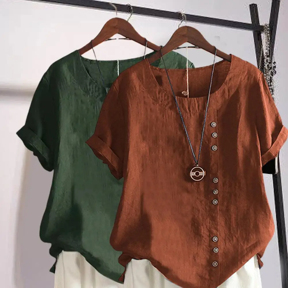 

Vintage Women Summer T-shirt Round Neck Short Sleeve Buttons Decor Tee Shirt Solid Color Loose T-shirt Daily Wear