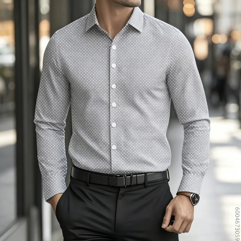 Business men's long sleeved shirt with white dot and polka dot printing, versatile for daily business commuting, men's shirt