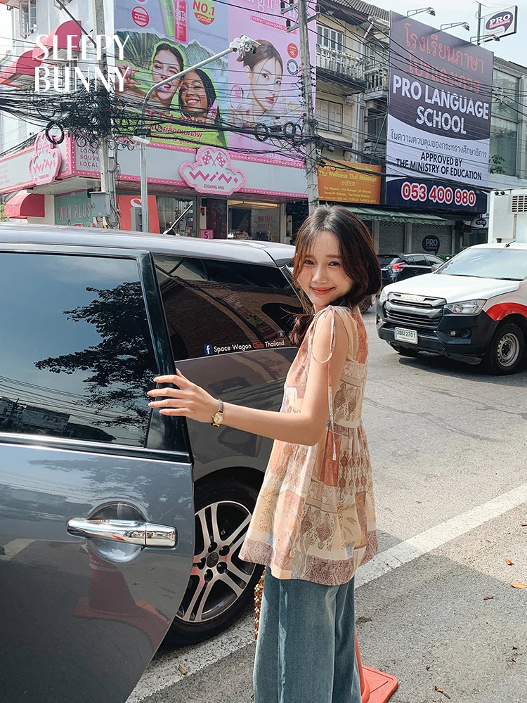 Vacation Style Printed Chiffon Camisole Top Women Summer Sleeveless Off Shoulder Strap Blouse Sweet Lightweight Flowy Tank Shirt