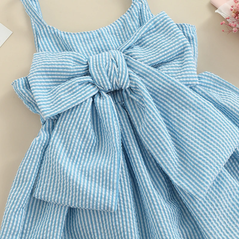 New Baby Girls Sleeveless Dress Front Bowknot Stripe Sling Summer Romper Princess Casual Jumpsuit 3 Months-3 Years