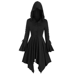 Autumn and Winter Womens Hooded Tops Lace-up Sleeve Button Up Hem Skirted Gothic Coat