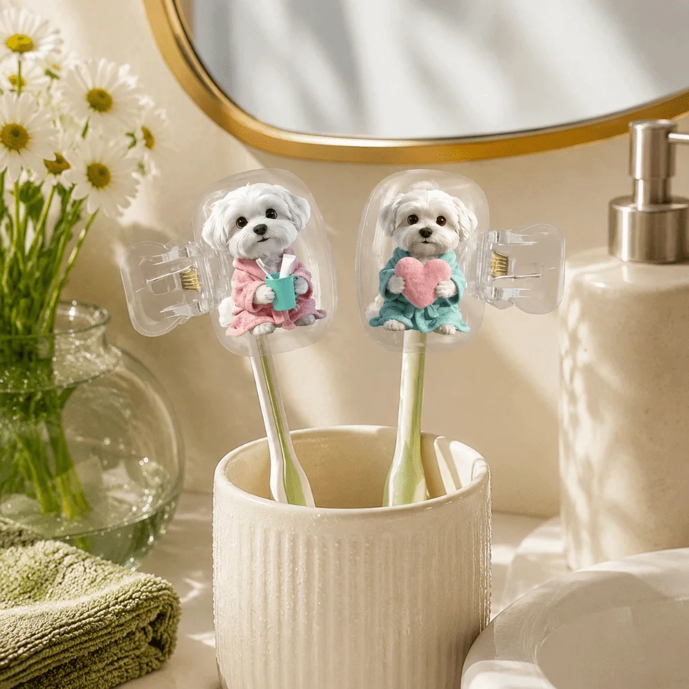2pcs Portable Toothbrush Head Cover Dust-proof Kitten Dog Printed Cat Toothbrush Cover Waterproof Transparent Toothbrush Holder