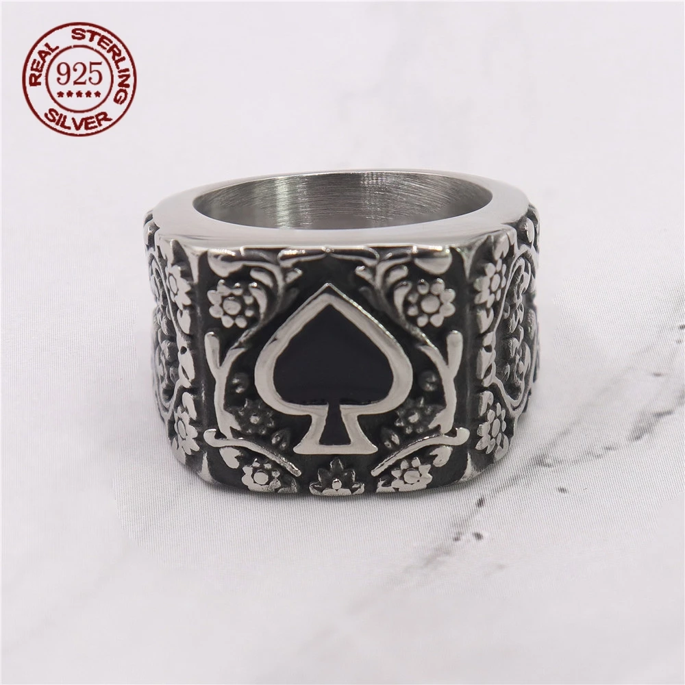 

Lucky Spades A Solitaire Кольцо Мужское Стерлинговое Серебро S925 Байкер Lucky Plum Blossom Ring Панк Рок Хип-Хоп Ювелирные Изделия Креативный Подарок