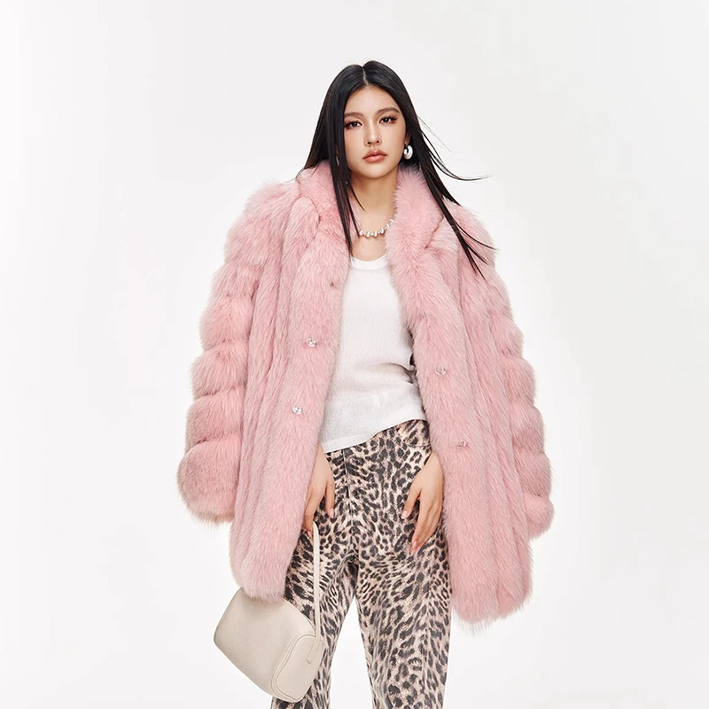 Ftangaiur ผู้หญิงฤดูหนาวนําเข้า Fox ขนสัตว์เสื้อแขนยาวหญิง Fox เสื้อขนาดกลางครึ่ง Turn-Down COLLAR ธรรมชาติ Fox ขนสัตว์เสื้อ
