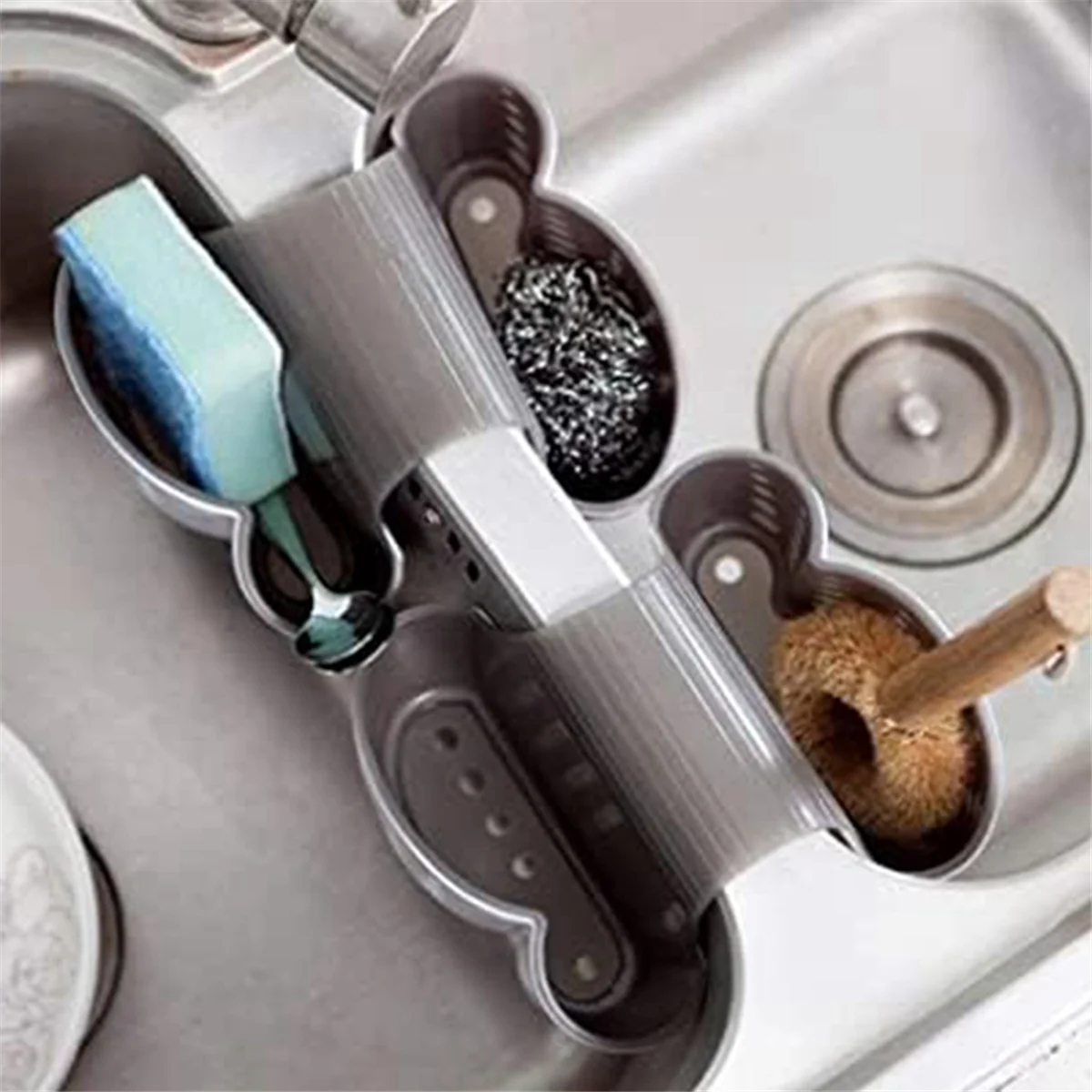 A88M シンクキャディ-スポンジホルダー-キッチンシンクソープホルダー-プラスチックサドル蛇口-キャディ-ブラシ、スポンジ、石鹸用シンクオーガナイザー
